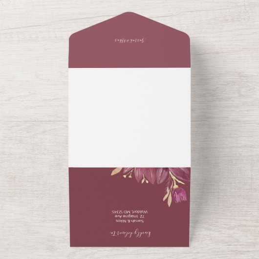Passion Flowers Waterverf Burgundy en Gold All In One Uitnodiging (Buitenkant)