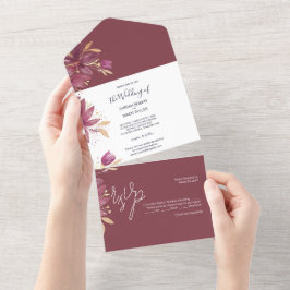 Passion Flowers Waterverf Burgundy en Gold All In One Uitnodiging