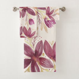 Passion Flowers, Waterverf Burgundy en Gold Bad Handdoek