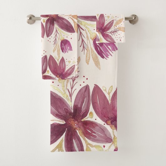 Passion Flowers, Waterverf Burgundy en Gold Bad Handdoek (Insitu)