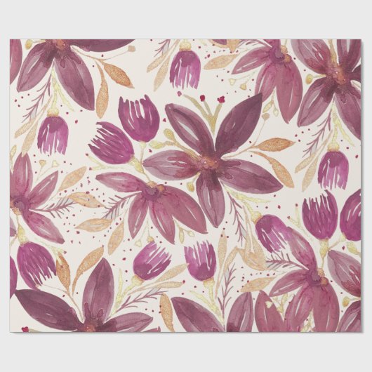 Passion Flowers, Waterverf Burgundy en Gold Cadeaupapier (Vlak)
