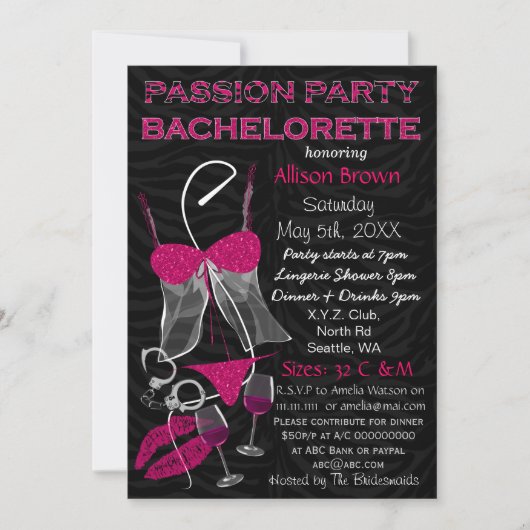 Passion Party Bachelorette, Lingerie Shower Invite Kaart (Voorkant)