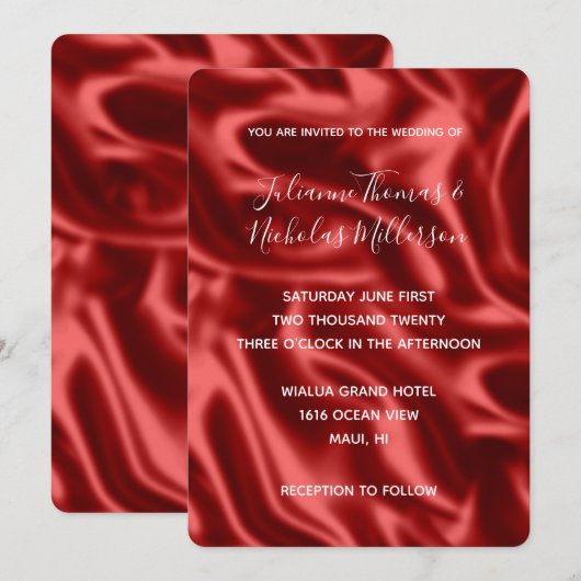 Passion Red Faux Satin Wedding Kaart (Voorkant / Achterkant)