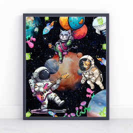 Passional Astronaut and Cute Cat Out Space Poster