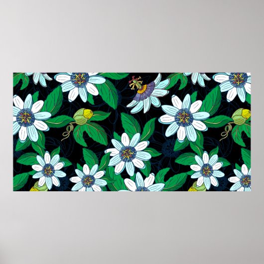 Passionbloem, passiflora op een zwarte achtergrond poster (Voorkant)