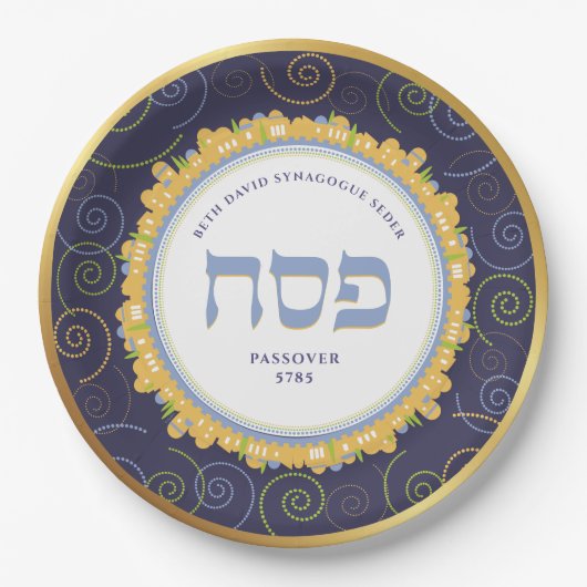 Passover Personalized Seder Jerusalem Navy/Gold Papieren Bordje (Voorkant)