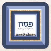 Passover Seder Jerusalem Blue Gold Hebreeuw Kartonnen Onderzetters (Voorkant)