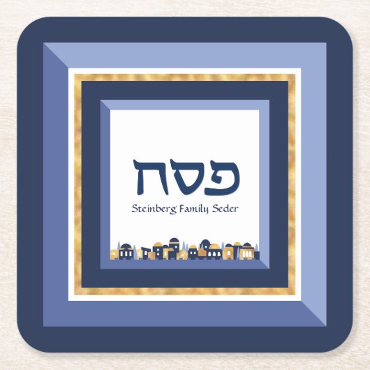 Passover Seder Jerusalem Blue Gold Hebreeuw Kartonnen Onderzetters (Voorkant)