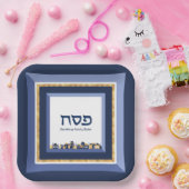 Passover Seder Jerusalem Blue Gold Hebreeuw Papieren Bordje (Feest)
