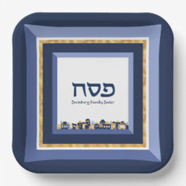 Passover Seder Jerusalem Blue Gold Hebreeuw Papieren Bordje