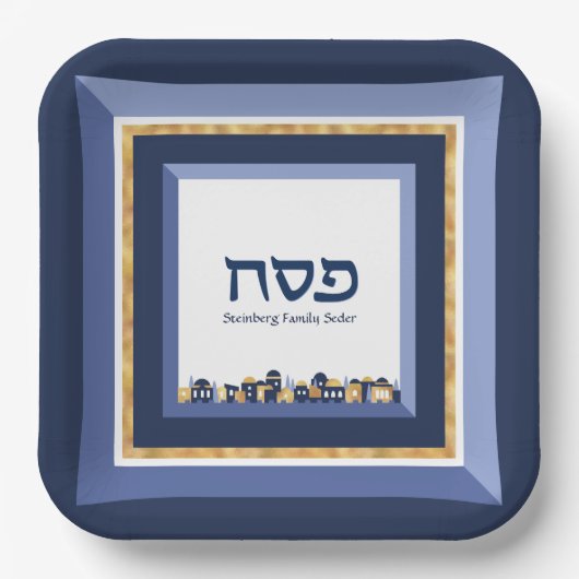Passover Seder Jerusalem Blue Gold Hebreeuw Papieren Bordje (Voorkant)