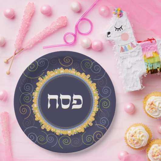 Passover Seder Jerusalem Navy Swirl Hebreeuws Bord (Feest)