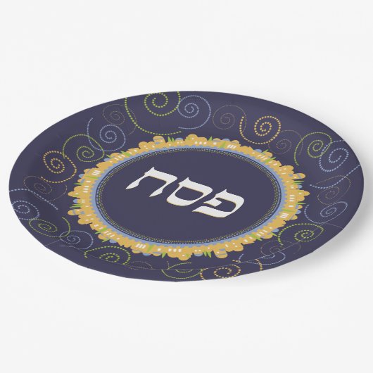 Passover Seder Jerusalem Navy Swirl Hebreeuws Bord (Gekanteld)