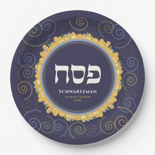 Passover Seder Jerusalem Swirl Hebreeuws Name Bord (Voorkant)