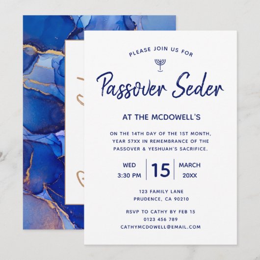 Passover Seder Unique Blue Gold Invitation Kaart (Voorkant / Achterkant)