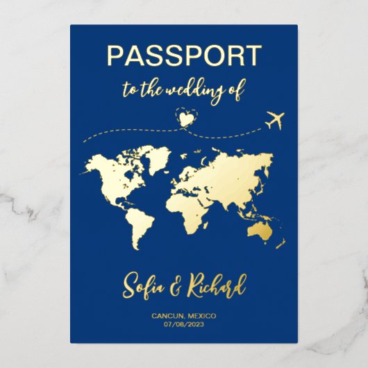 Passport Wedding Destination Gold Foil Adventure Folie Uitnodiging (Voorkant)