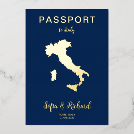 Passport Wedding Destination Gold Foil Italië Map Folie Uitnodiging (Voorkant)