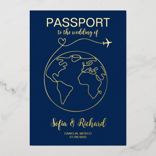 Passport Wedding Destination Gold Foil Wereldkaart Folie Uitnodiging (Voorkant)