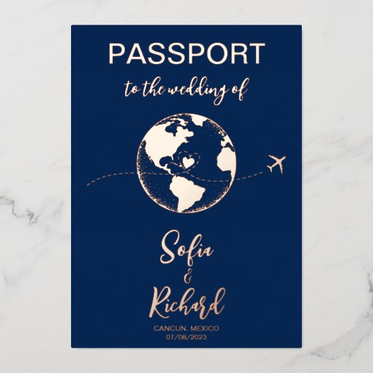 Passport Wedding Destination Gold Foil Wereldkaart Folie Uitnodiging (Voorkant)