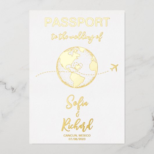 Passport Wedding Destination Gold Foil Wereldkaart Folie Uitnodiging (Voorkant)
