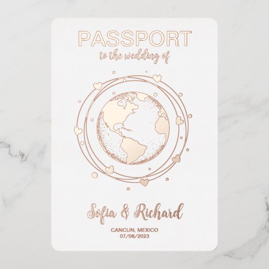 Passport Wedding Destination Gold Foil Wereldkaart Folie Uitnodiging (Voorkant)