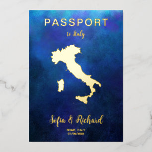 Passport Wedding Destination Gold Navy Italië Map Folie Uitnodiging