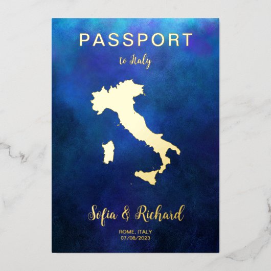 Passport Wedding Destination Gold Navy Italië Map Folie Uitnodiging (Voorkant)