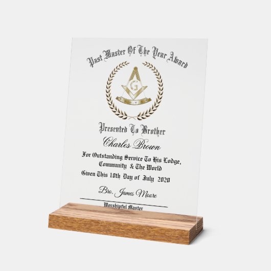 Past Master of the Year Award Acryl Bord (Hoek)