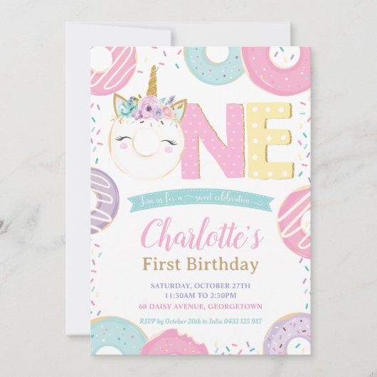 pasta 1st Birthday Cute Unicorn Donuts Doughnuts Kaart (Voorkant)