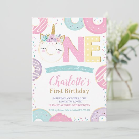 pasta 1st Birthday Cute Unicorn Donuts Doughnuts Kaart (Staand voorkant)