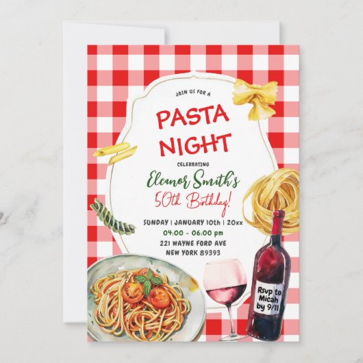 Pasta avond en wijn volwassen verjaardag diner kaart (Voorkant)