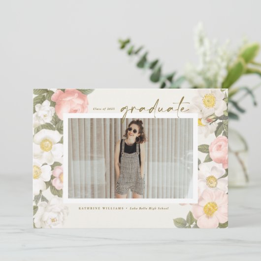  pasta bloemen Beige Foto Afstuderen Kaart (Staand voorkant)