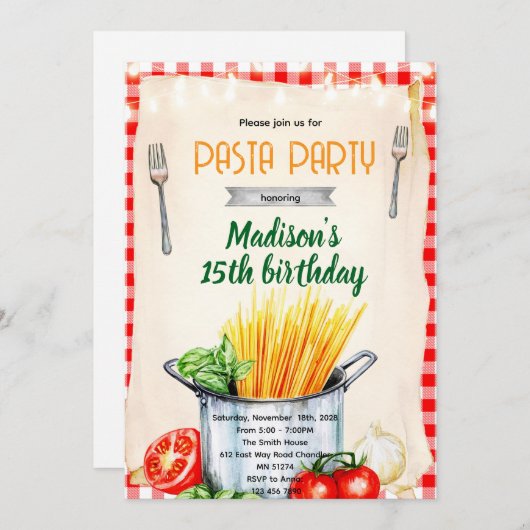 Pasta Class Party Invitation Kaart (Voorkant / Achterkant)