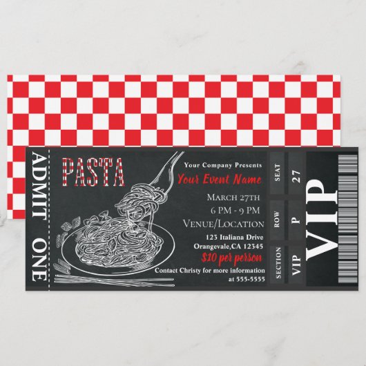 Pasta-dinerkrijt VIP rustieke dinerfeestticket Kaart (Voorkant / Achterkant)