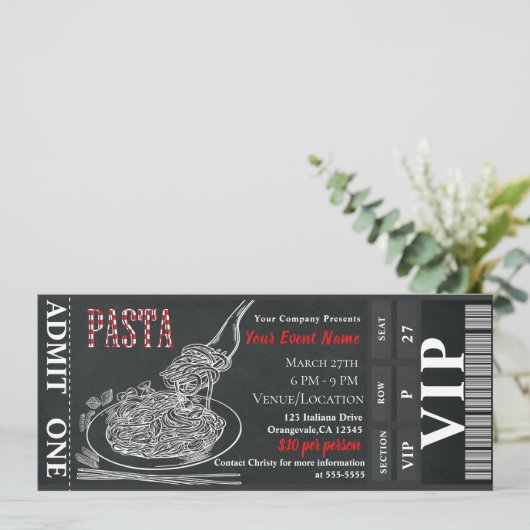 Pasta Dinner Chalk VIP Rustic Dinner Party Ticket Kaart (Staand voorkant)