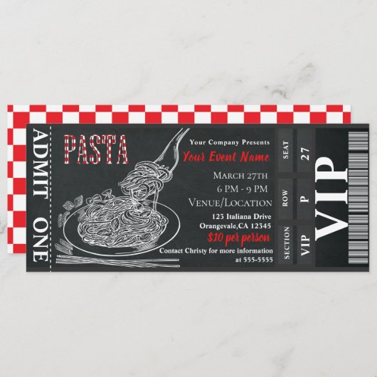Pasta Dinner Chalk VIP Rustic Dinner Party Ticket Kaart (Voorkant / Achterkant)