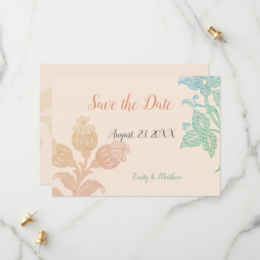  pasta Floral Peach Green Weddind Save The Date (Voorkant / Achterkant in situ)