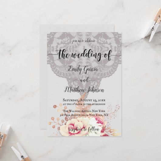 pasta Floral Roos Style Wedding Kaart (Voorkant / Achterkant in situ)