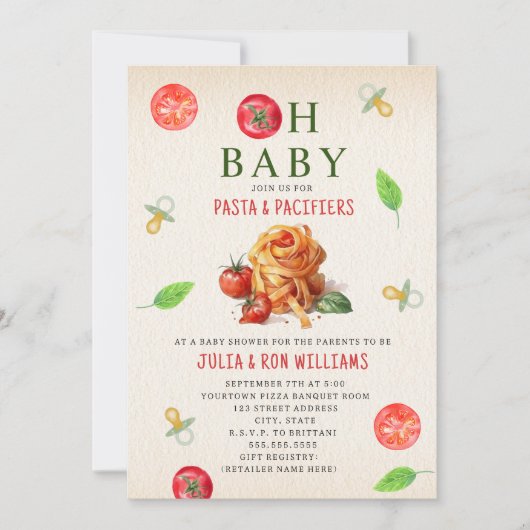 Pasta fopspenen Oh Baby tomaat Baby shower Kaart (Voorkant)