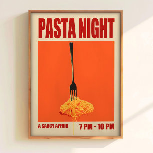 Pasta Nacht Print Retro Voedsel Kunst Mid Century