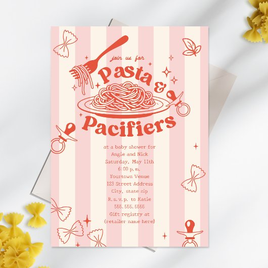 Pasta & Pacifiers Doodle Pink Girl Baby Shower Kaart