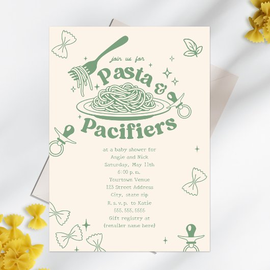 Pasta & Pacifiers Doodle Sage Green Baby shower Kaart