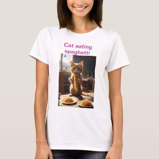 Pasta Paws: Kat Eten Spaghetti T-shirt (Voorkant)