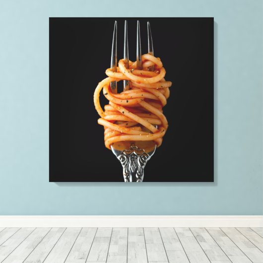Pasta spun op een vork, Food Spaghetti Canvas Afdruk (Insitu (Houten vloer))