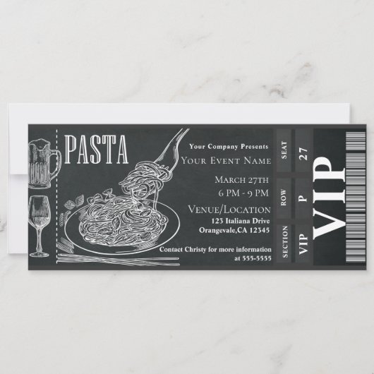 Pasta WIne Dinner Chalk VIP Dinner Party Ticket Kaart (Voorkant)