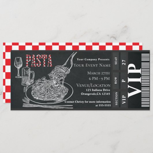 Pasta WIne Dinner Chalk VIP Dinner Party Ticket Kaart (Voorkant / Achterkant)