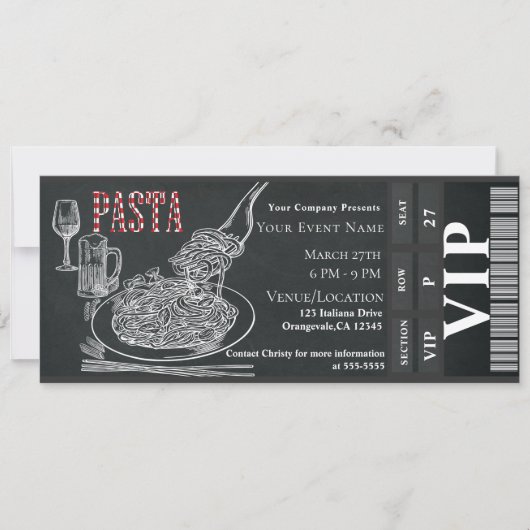 Pasta WIne Dinner Chalk VIP Dinner Party Ticket Kaart (Voorkant)