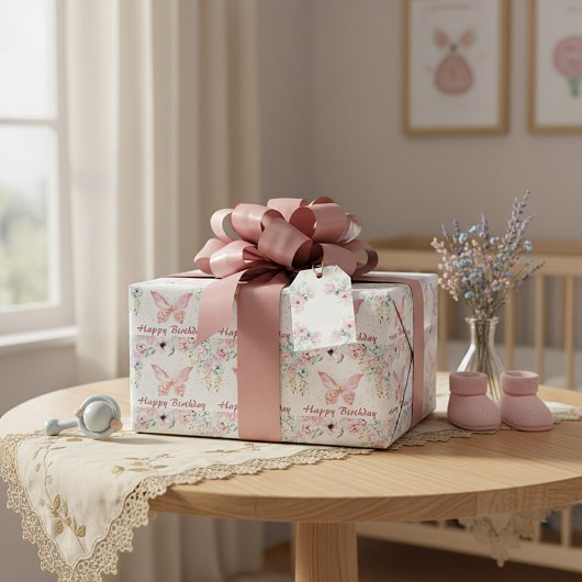 Pasteelflorale en vlinderjarige baby cadeaupapier