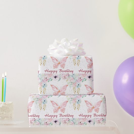 Pasteelflorale en vlinderjarige baby cadeaupapier (Feestgeschenken)