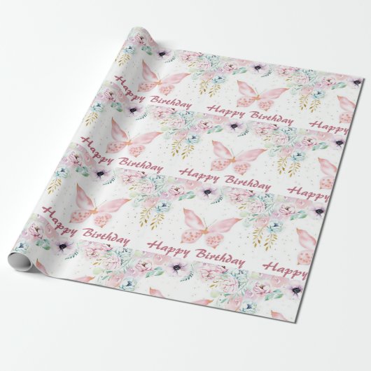 Pasteelflorale en vlinderjarige baby cadeaupapier (Uitgerold)